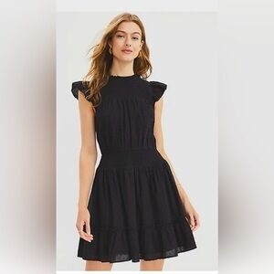 NWT!! - LOFT Clip Smocked Black Ruffle Pointelle Dress - Size Medium